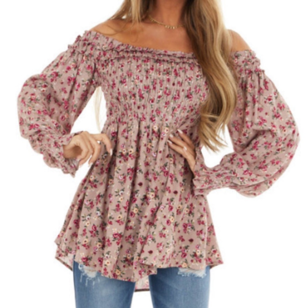Dusty Mauve Floral Print Off Shoulder Top with Smocked Bust 
(Size: M)